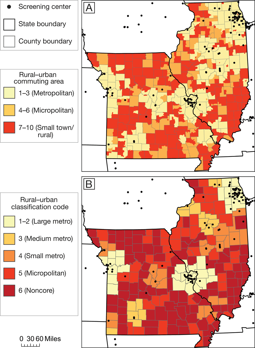 20_0202_01 Measures of rurality in Missouri and Illinois and location of low-dose computed tomography screening centers. A, Rural–urban commuting area (RUCA) categories at the census tract level, determined by US Department of Agriculture Economic Research Service (16). B, National Center for Health Statistics (NCHS) rural–urban classification codes at the county level (17). Data on screening centers obtained from American College of Radiology (11) and GO2 Foundation for Lung Cancer (12). Shapefiles obtained from ESRI (20).