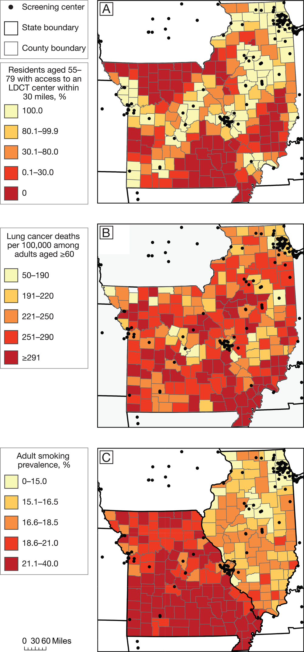 20_0202_02 Access to LDCT lung cancer screening, lung cancer mortality, and smoking prevalence in Missouri and Illinois. A, Percentage of residents aged 55–79 with access to an LDCT lung cancer screening center within 30 miles. B, Lung cancer mortality (deaths per 100,000) among adults aged ≥60. C, Adult smoking prevalence. All maps are at the county level, and categories are based on rounded quintiles. Data obtained from American College of Radiology (11), GO2 Foundation for Lung Cancer (12), Surveillance, Epidemiology, and End Results program (18), and County Health Rankings (19). Shapefiles from ESRI (20). Abbreviation: LDCT, low-dose computed tomography