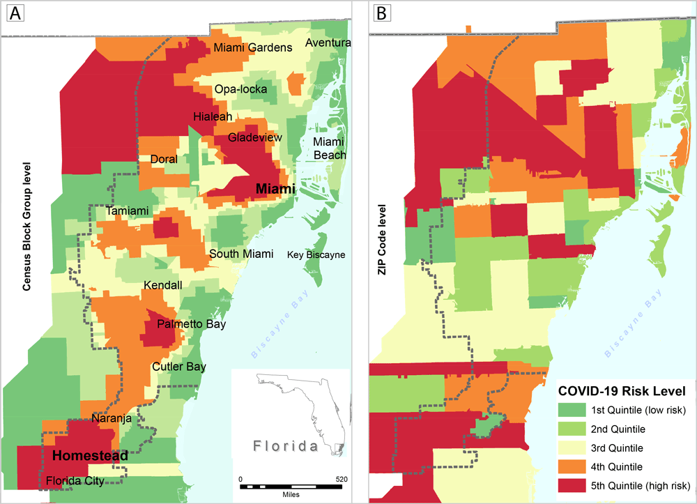20_0358_01 Map A shows estimated census block group level COVID-19 rates per 1,000 population for Miami–Dade County, Florida (generated with areal interpolation) based on zip code level rates. Map B is the same map as A but at a larger geographic area of zip codes. Data are for the 89,556 confirmed cases of COVID-19 reported as of July 21, 2020, in the Florida Department of Health COVID-19 Data and Surveillance Dashboard. Maps show rates (by quintiles) per 1,000 population.