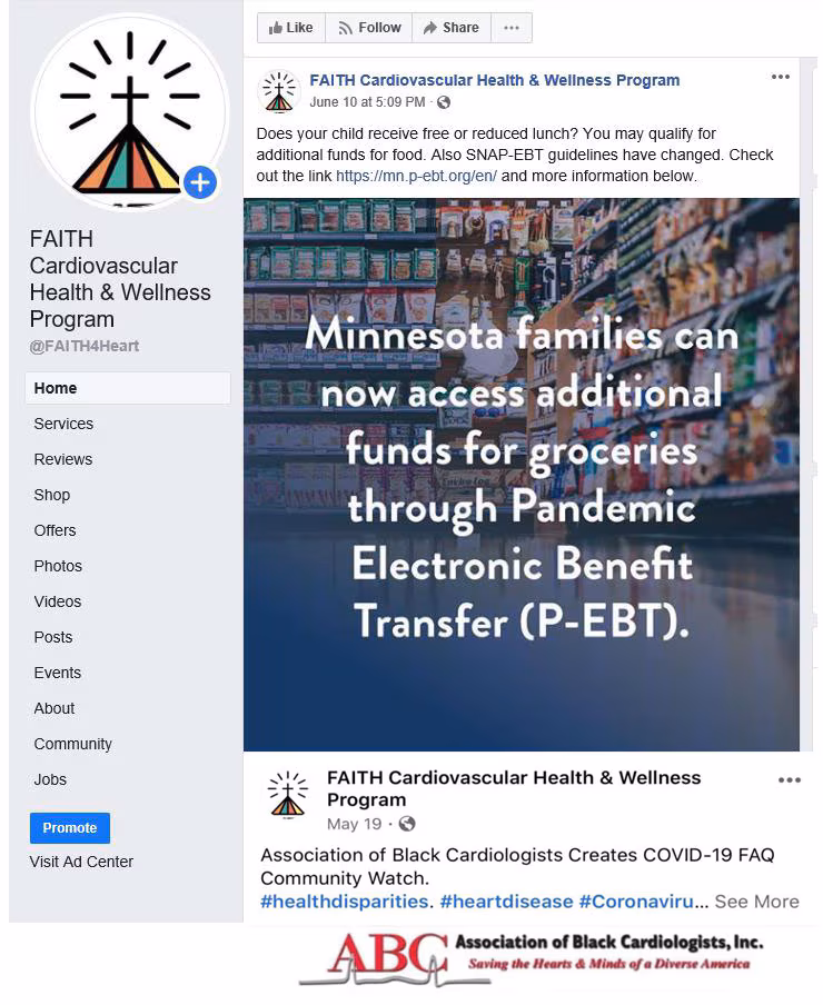 20_0408_01 Screenshot of FAITH! (Fostering African-American Improvement in Total Health) COVID-19 response Facebook page, Minnesota, 2020. For 8 weeks (April 3–May 31, 2020), community communication leaders posted daily messages in 4 main content areas: inspirational, COVID-19 health information and preventive measures, financial and community-based resources, and social support. Content was derived from credible sources and the FAITH! COVID-19 Task Force.