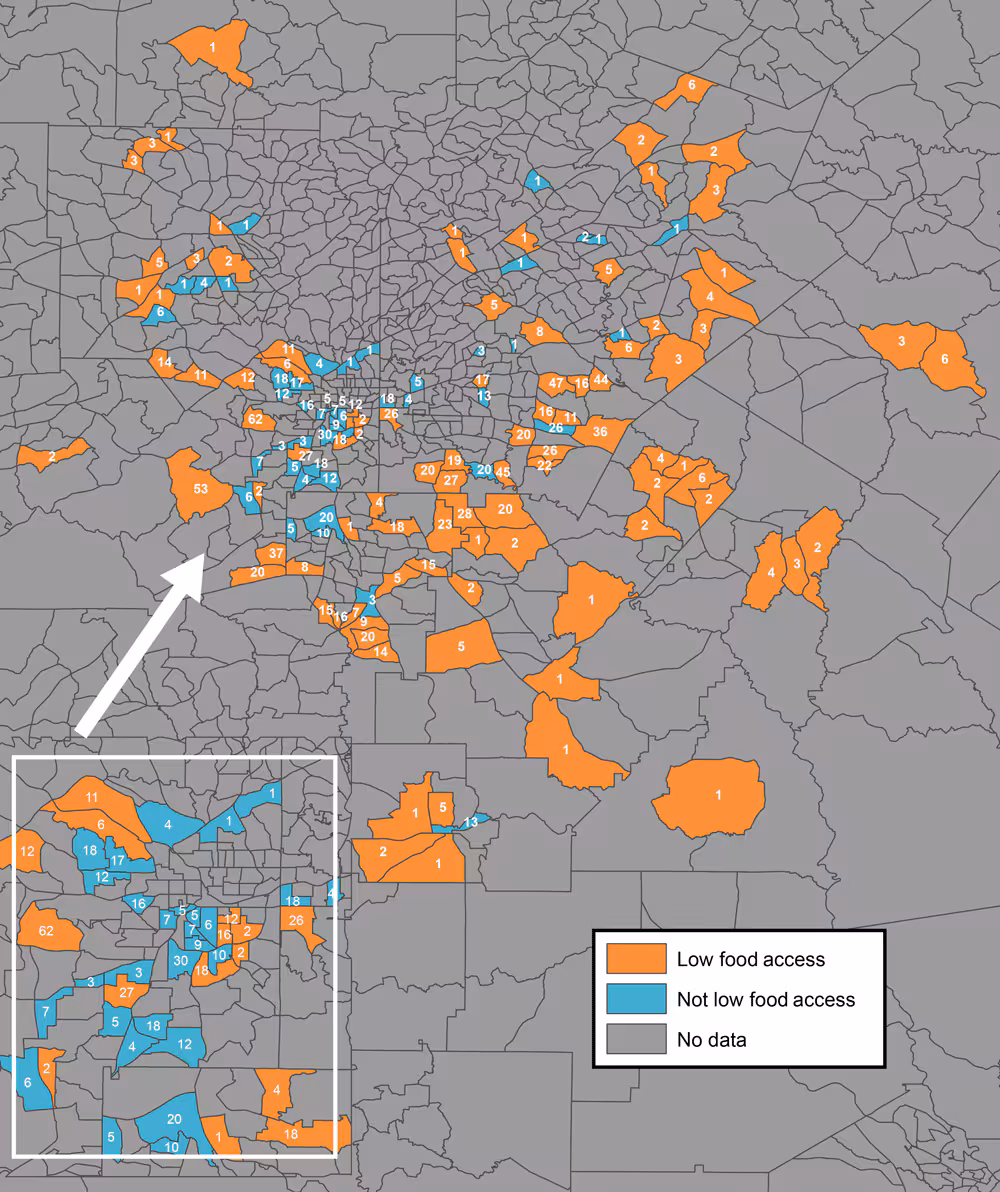Objectively measured levels of food access, by 2010 census tract boundaries, in metropolitan Atlanta, Georgia. Only census tracts in which participants in the Morehouse–Emory Cardiovascular Center for Health Equity Study (indicated by the numbers inside census tracts) resided were examined for food access. “Low food access” refers to census tract areas that had objectively measured low levels of access to healthy foods, and “not low food access” refers to census tracts areas that had objectively measured high levels of access to healthy foods. The US Department of Agriculture Food Access Research Atlas classifies urban census tracts as having low levels of access to healthy foods when ≤500 people or 33%26#37; of the census tract population resides 1 mile or more from a large grocery store, supercenter, or supermarket (22). Inset shows the city of Atlanta.