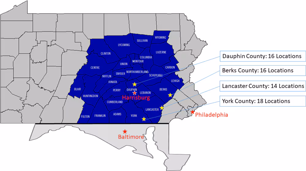 21_0283_01 Central Pennsylvania counties with high numbers of Silver Sneakers locations, 2019–2021.