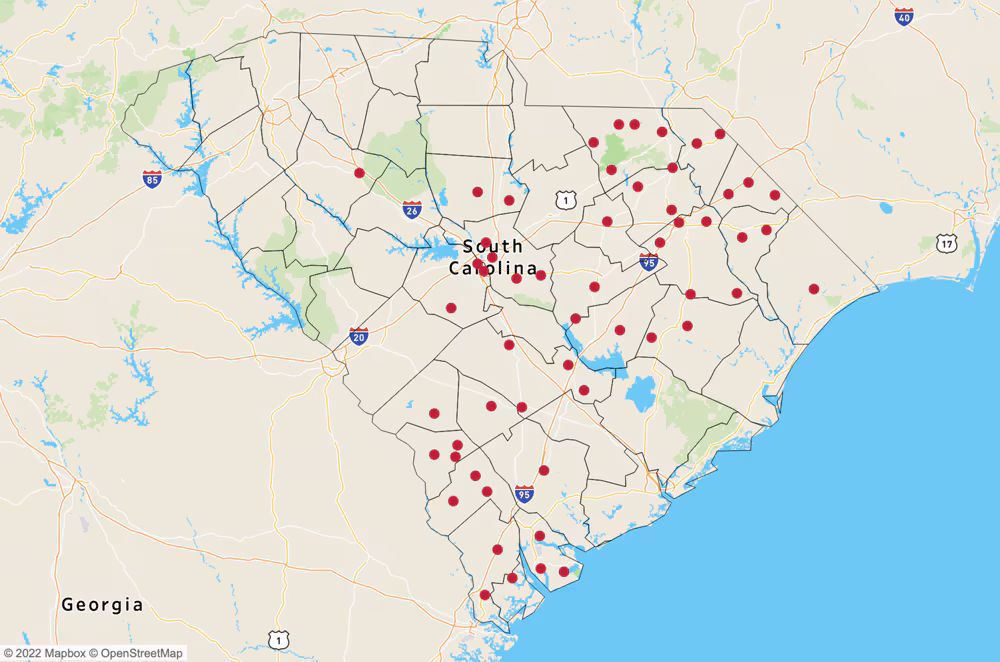 22_0199_01 Location of 21 Rural Health Clinics (RHCs) and 50 Federally Qualified Health Centers (FQHCs) in 22 counties in South Carolina, 2019.