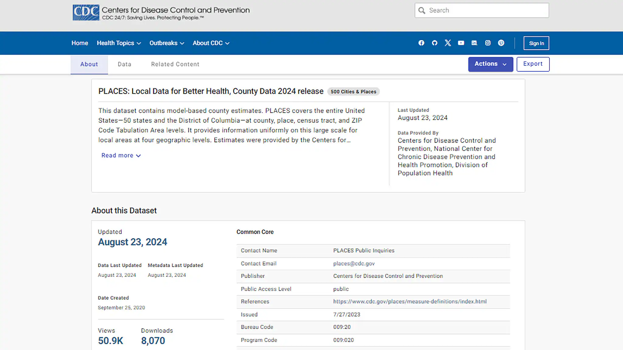 PLACES County Data page Screen view of the PLACES County Data (opendata format) 2024 Release page.