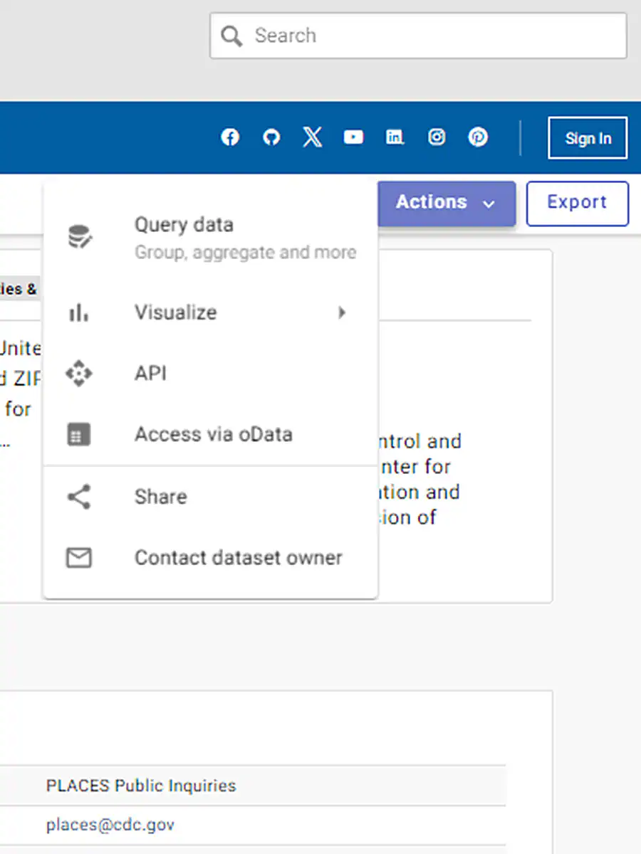 PLACES Data Portal Actions Menu PLACES Data Portal Actions button and menu, including Query data, visualize, API, Access via oData.