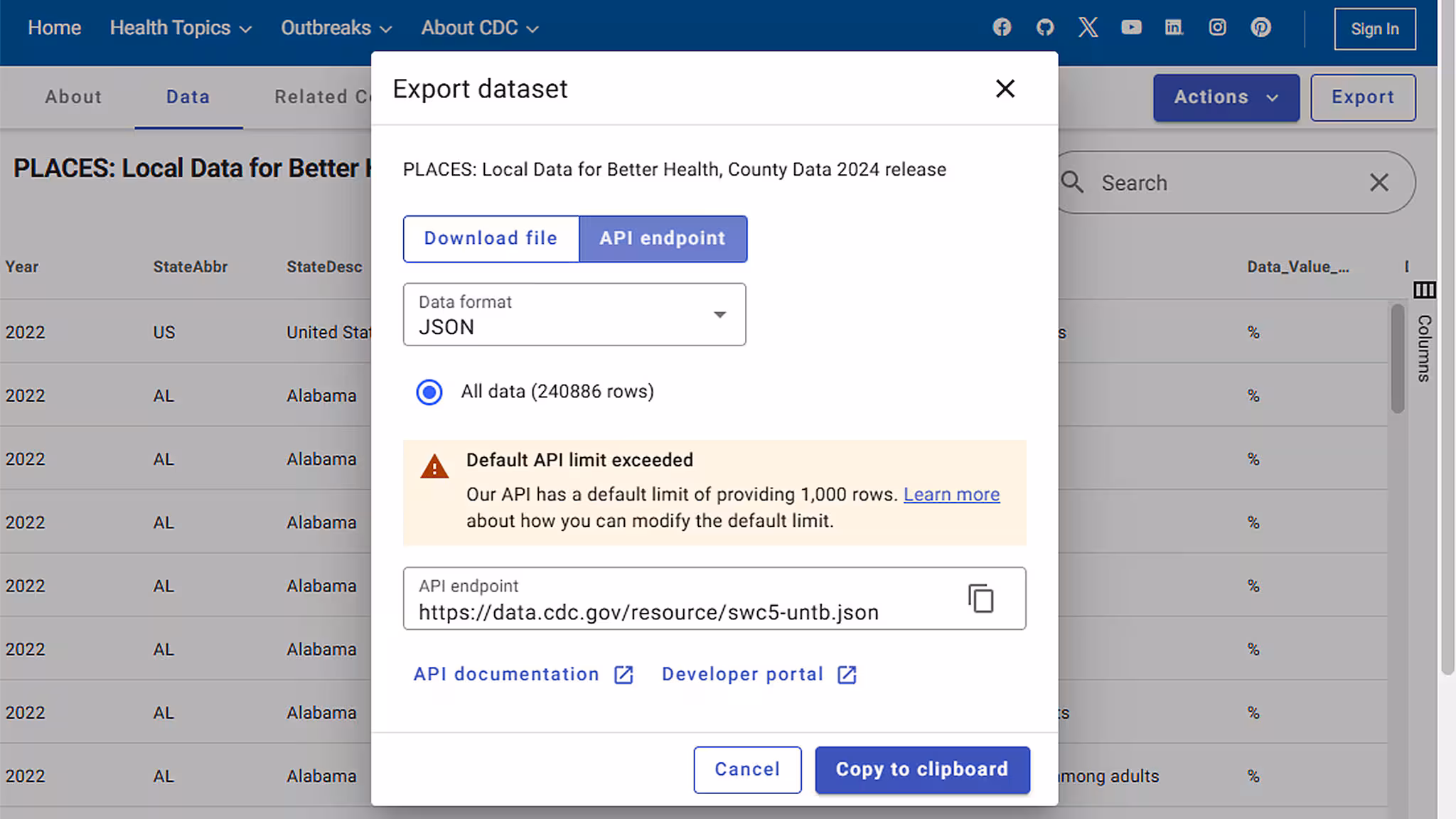 PLACES Data Portal Download Data Portal Export/Download API endpoint option, showing download of a JSON file.