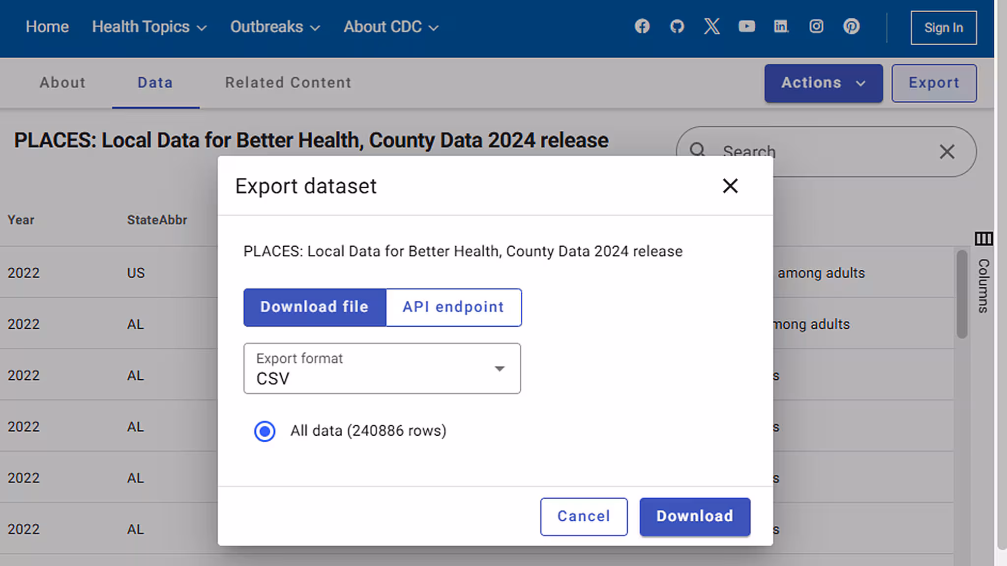 PLACES Data Portal Export The Data Portal "Export" window accessed from the "Export" button next to the "Actions" button.