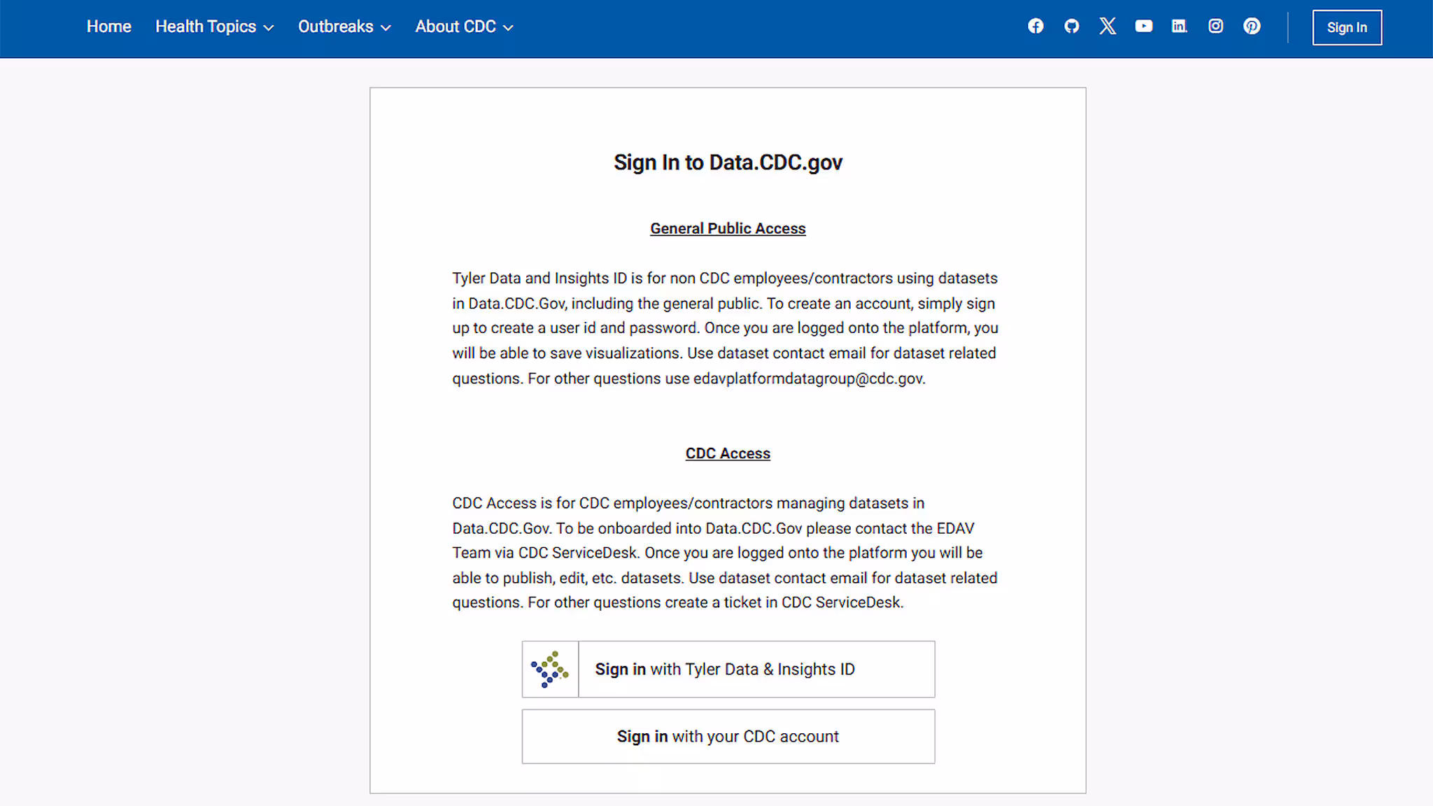 PLACES Data Portal Sign In PLACES Data Portal Sign In screen, with either Tyler Data & Insights ID or with your CDC account.