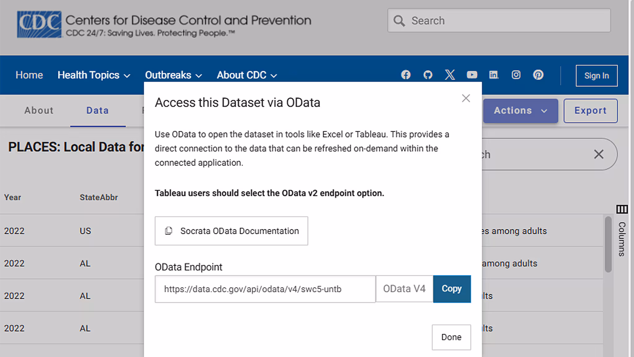 PLACES Data Portal oData To access the data in oData for Excel, Power BI, Tableau, select Access via oData from Action menu.