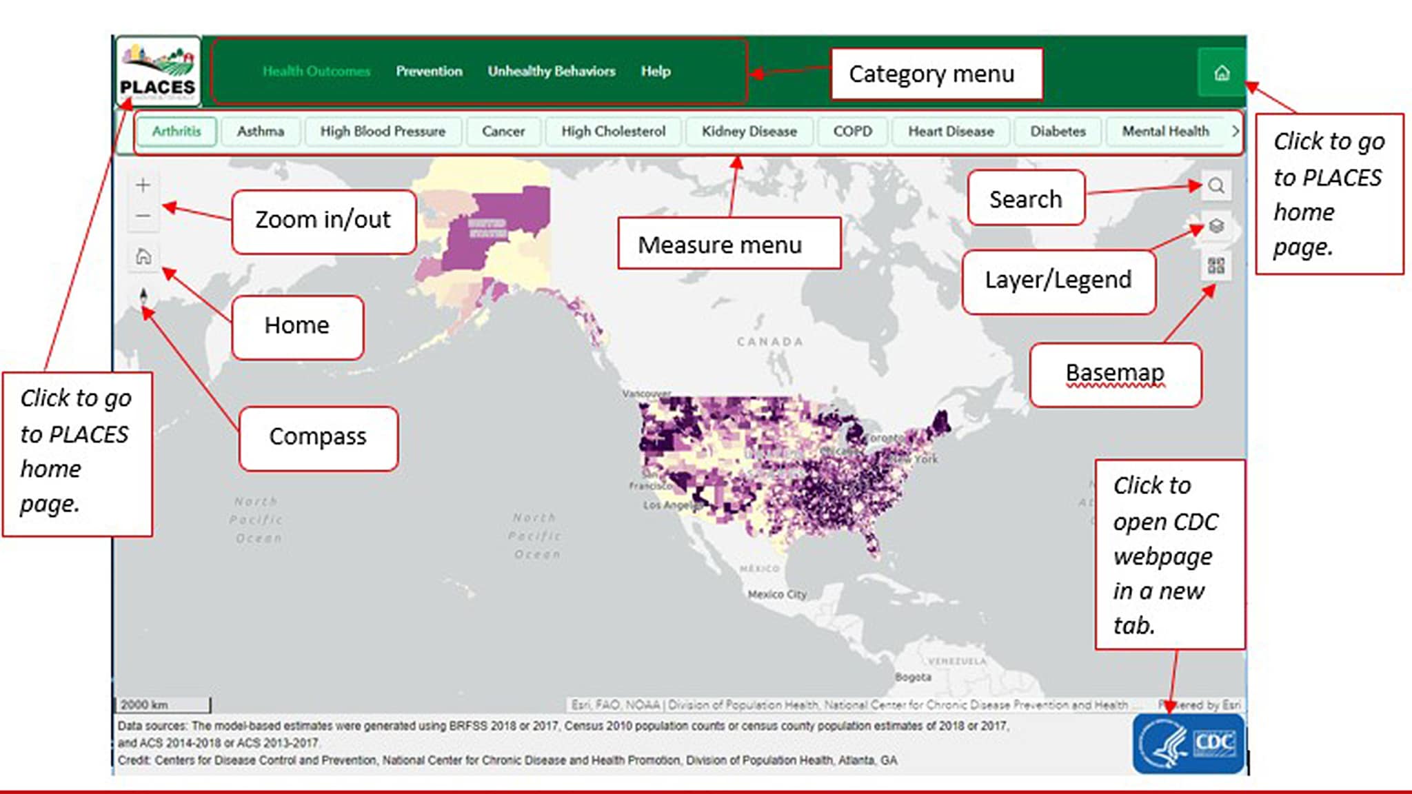 PLACES Interactive Map Explainer PLACES interactive map home page with explainers for measure menu, layer, legend, basemap, etc.