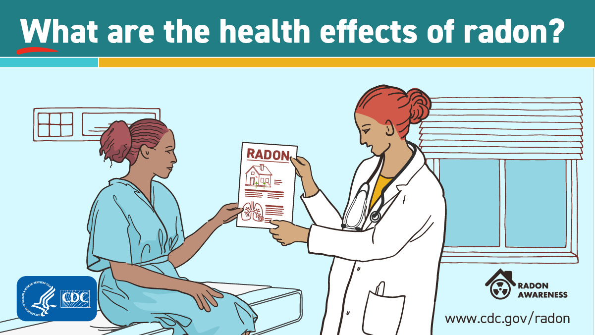 What are the health effects of radon? Illustration of a female doctor showing a female patient a flyer with the title RADON along with a house and set of lungs.