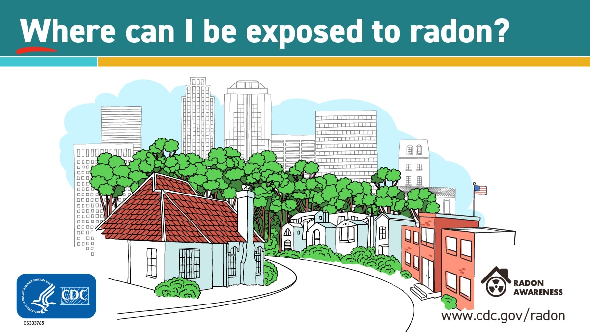 Where can I be exposed to radon? (with image) Title reads "Where can I be exposed to radon?" and beneath is a cartoon graphic of a curved road with homes, trees, and in the background a cityscape and blue sky. At the lower left is the CDC logo and lower right is the Radon Awareness logo and website www.cdc.gov/radon