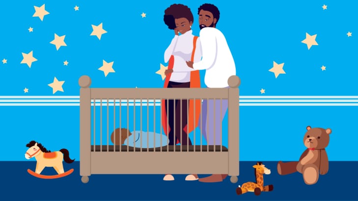 safe sleeping baby Cartoon couple standing by crib in nursery admiring baby safely sleeping on its back.