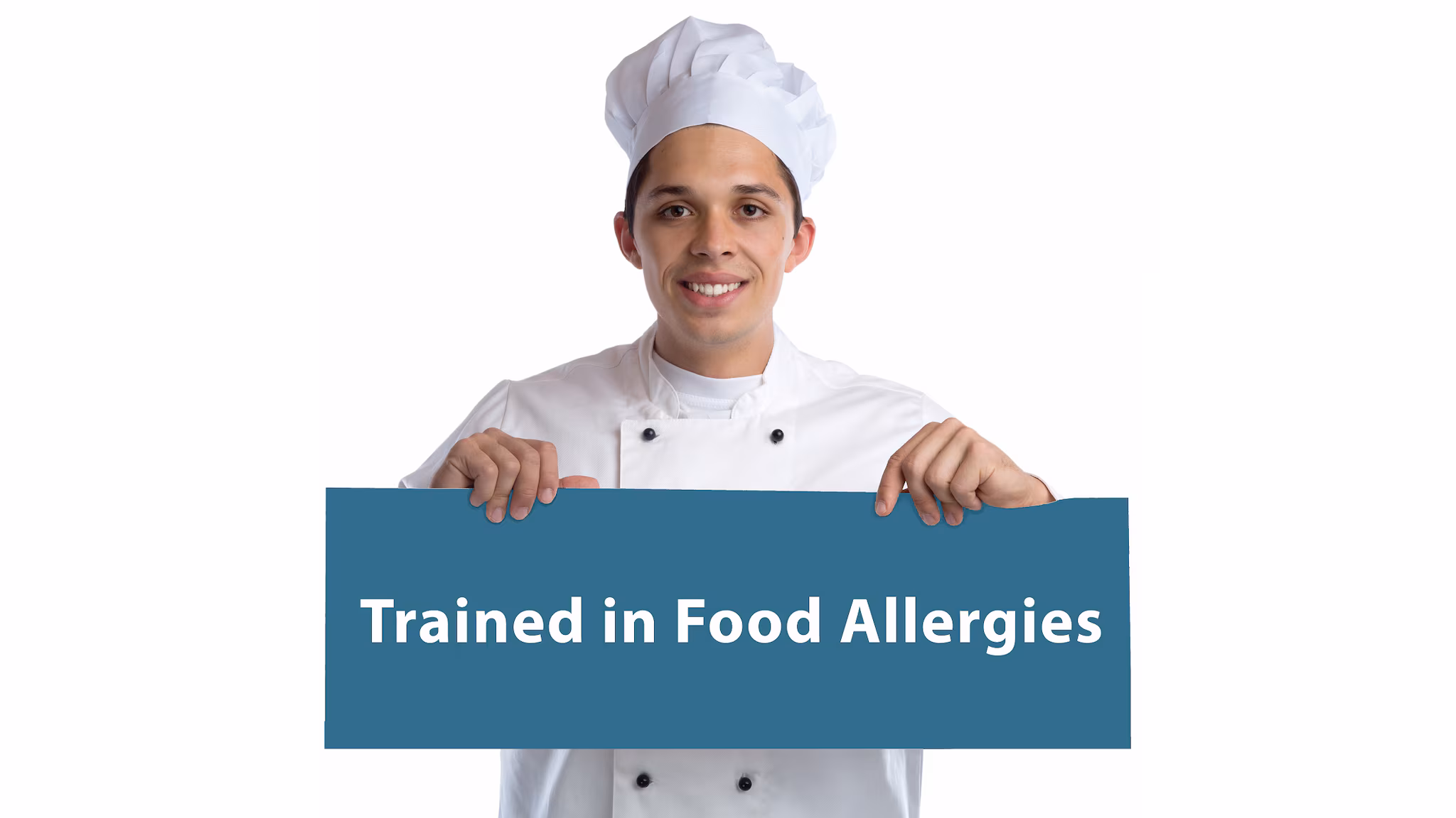 Food worker holding a sign that says "Trained in Food Allergies"