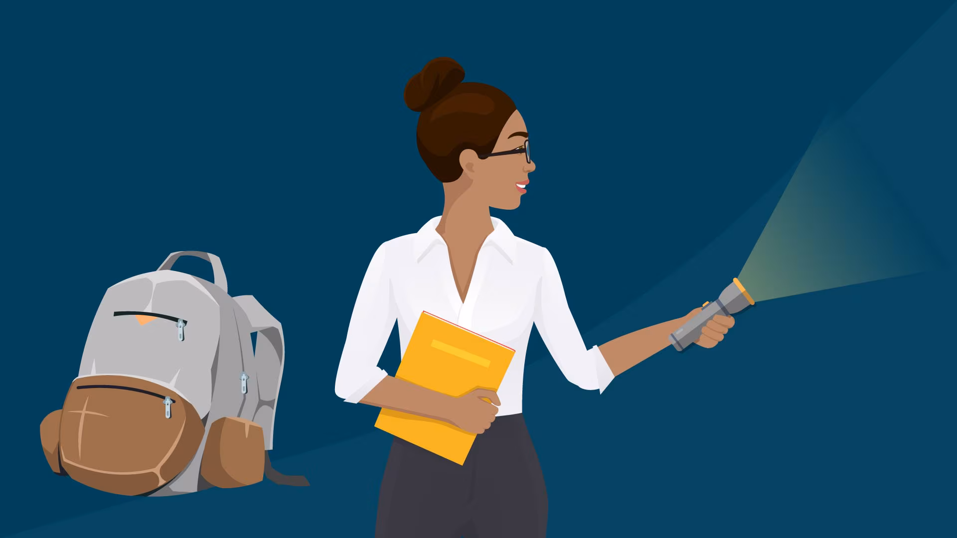 Image of a woman holding a flashlight and a folder, with a backpack next to her.