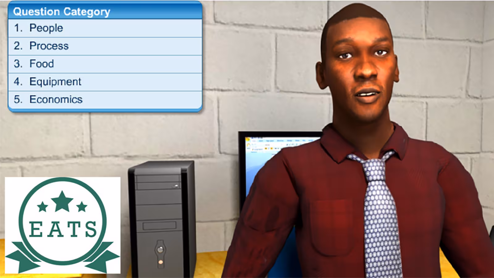 EATS Manager Interview Graphic of a person in an office ready to be interviewed.