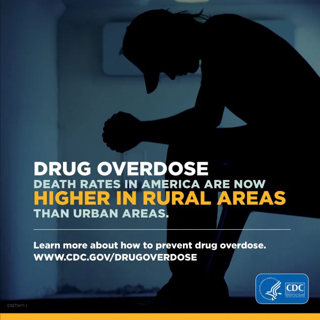 -- title missing -- Person waiting on bench with overlay text "Drug overdose death rates in America are now higher in rural areas than urban areas. Learn more about how to prevent drug overdose at www.cdc.gov/drugoverdose."