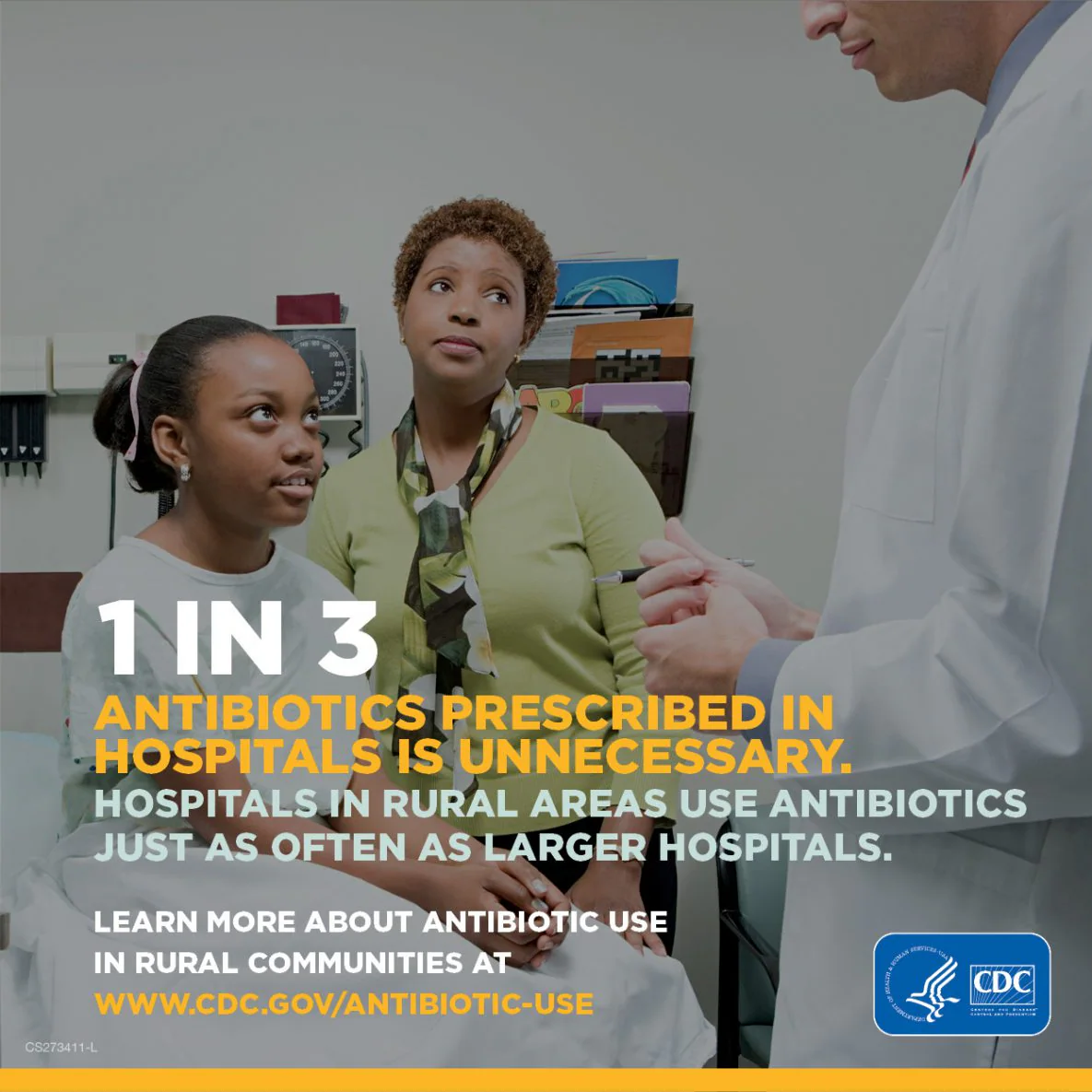-- title missing -- Mother and child consulting with a healthcare provider. One in three antibiotics prescribed in hospitals is unnecessary. Hospitals in rural areas use antibiotics just as often as larger hospitals. Learn more about antibiotic use in rural communities at www.cdc.gov/antibiotic-use.