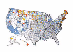 US Map of Salmonella Enteritidis: Age standardized rate per 100,000 populations by county, 1976-1983.