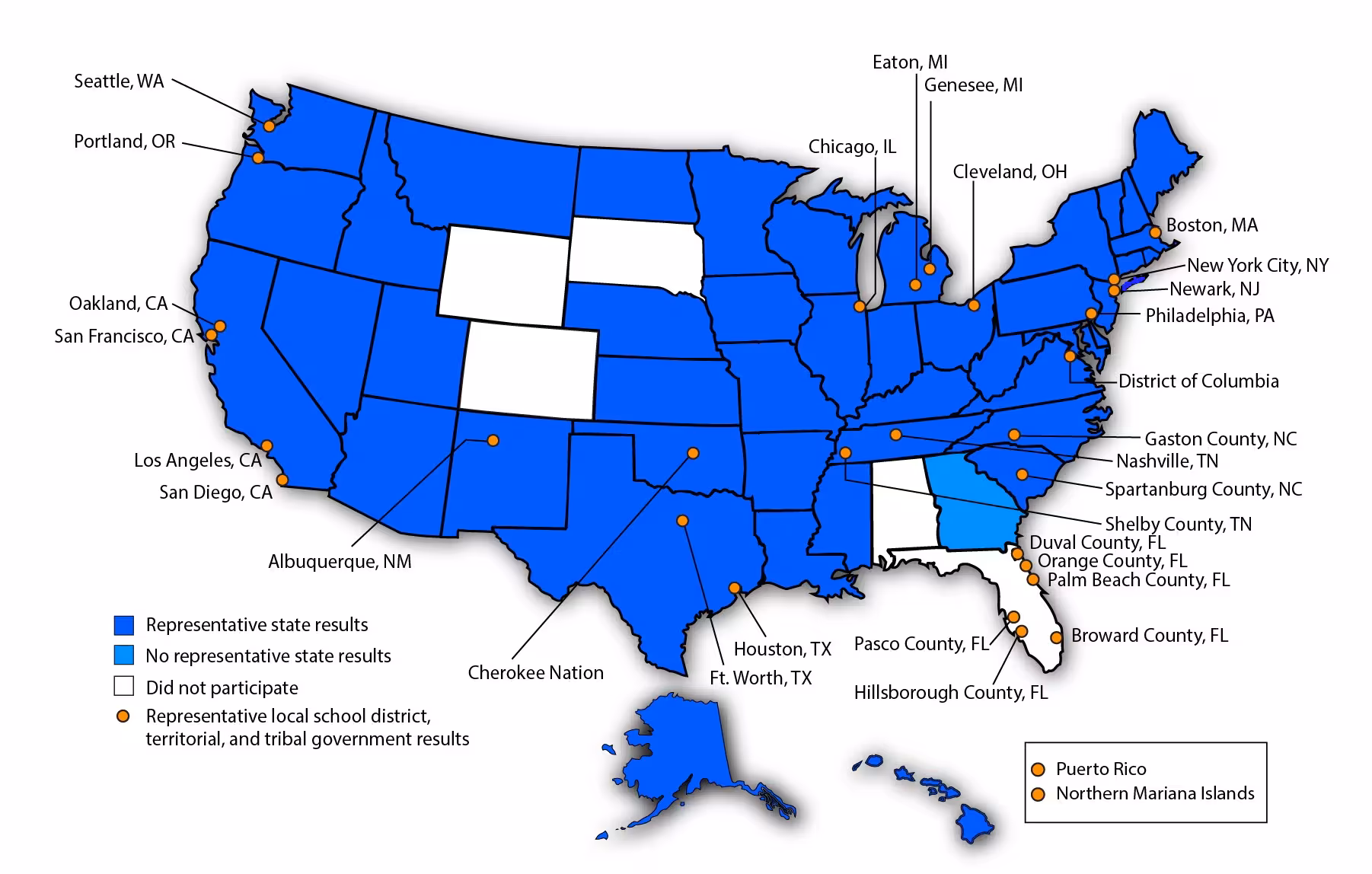 -- title missing -- Map with participating states shown in blue. Participants are listed in the content below.