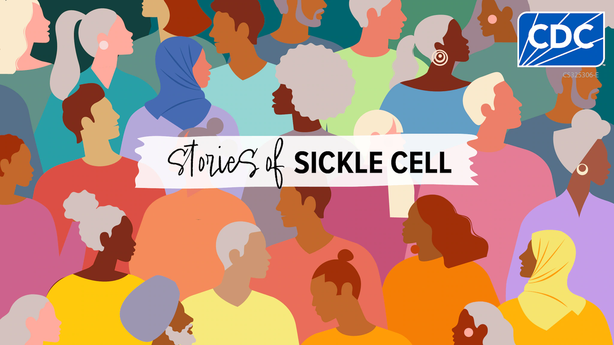 Stories of Sickle Cell-updated logo A colorful illustration of diverse people with text in the middle that says "Stories of Sickle Cell."