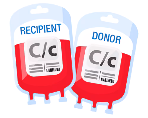 — title missing — Illustration of recipient and donor blood bags.