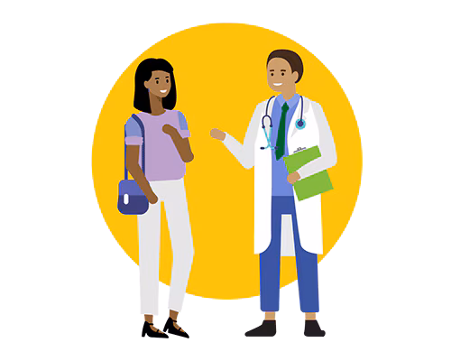 — title missing — Illustration of woman talking with her doctor.