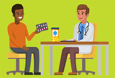 — title missing — A man sitting at a table with a doctor with medicine.