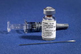 Smallpox vaccine Vial of smallpox vaccine and two-pronged needle