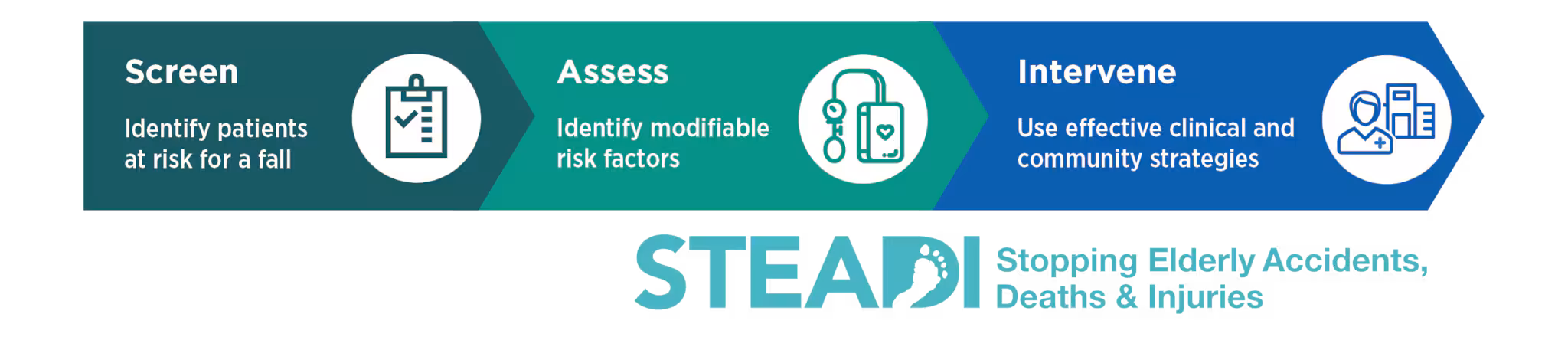 STEADI (Stopping Elderly Accidents, Deaths & Injuries) logo - Screen, Assess, Intervene