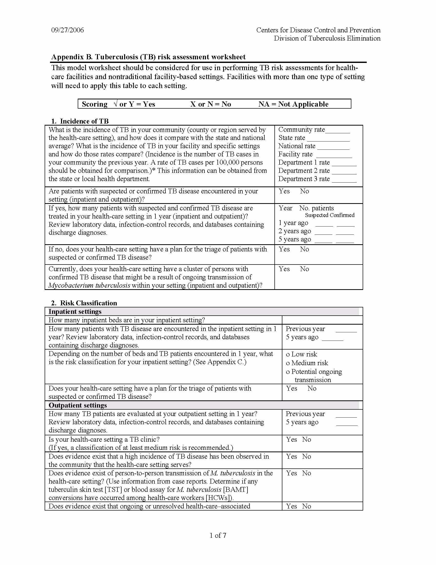 Tuberculosis Facility Risk Assessment Worksheet Tuberculosis Facility Risk Assessment Worksheet