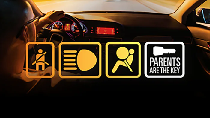 ParentsAreTheKey Parents are the key. Image from the viewpoint of someone sitting in the backseat, they can see the driver. Four icons are overlayed, one showing a stick figure fastened into a seat, the second icon is a headlight, the third icon is an airbag, and the fourth icon is the "parents are the key" logo