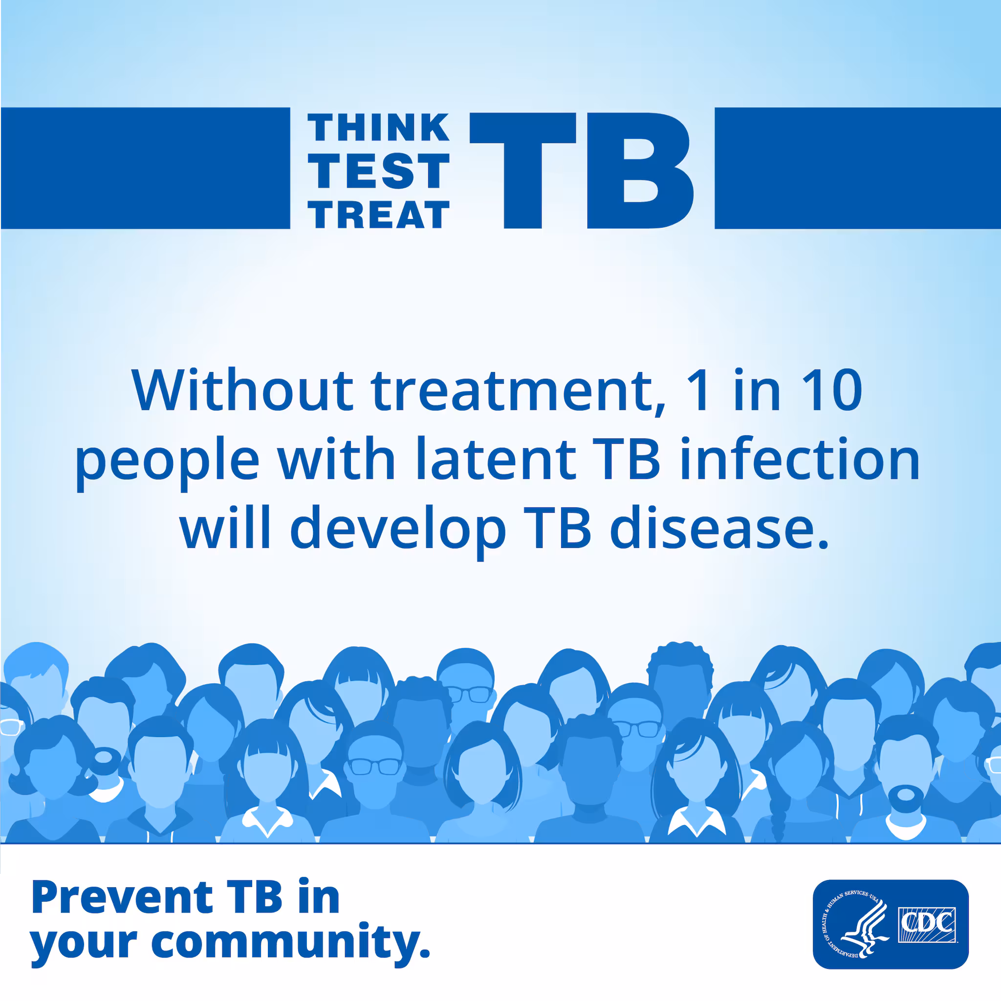 Without Treatment, 1 in 10 People with Latent TB Infection Will Develop TB Disease A crowd of people is shown. Text says "Without treatment, 1 in 10 people with latent TB infection will develop TB disease."