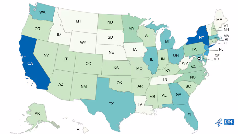 Map of typhoid fever cases in the United States reported to the National Typhoid and Paratyphoid Fever Surveillance System, by jurisdiction in 2017