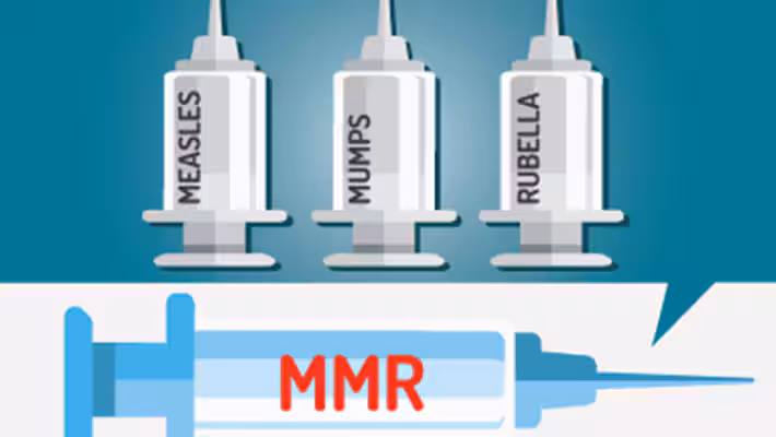 Illustration shows measles, mumps, and rubella vaccines separated out, and one shot that combines all three into MMR