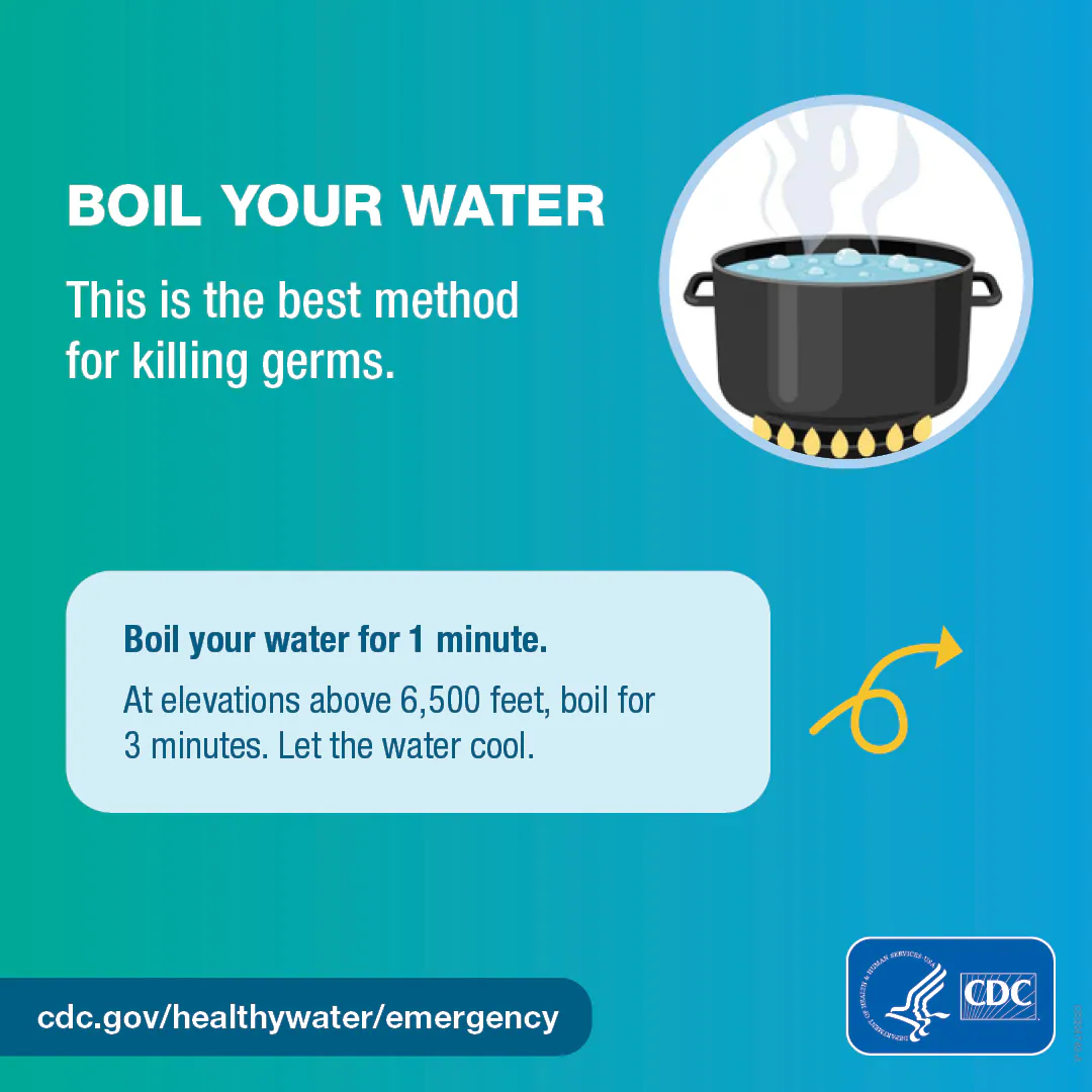 Make water safe – 2/4 carousel graphic 1080x1080 – English Illustrated pot of water boiling over a gas burner and a next arrow. Text on the graphic says, “Boil your water. This is the best method for killing germs. Boil you water for 1 minute. At elevations above 6,500 feet, boil for 3 minutes. Let the water cool.”