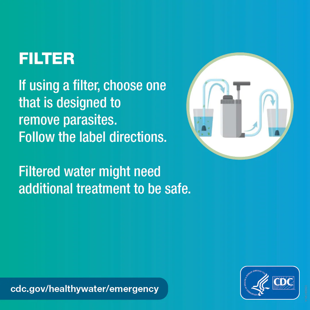 Make water safe – 4/4 carousel graphic 1080x1080 – English Illustrated water filter. Water with germs in it is in a glass. The germy water moves through a tube into the filter and exits the filter without any germs. The clean water exits the filter through a tube and goes into a clean glass of water. Text on the graphic says, “Filter. If using a filter, choose one that is designed to remove parasites. Follow the label directions. Filtered water might need additional treatment to be safe.”