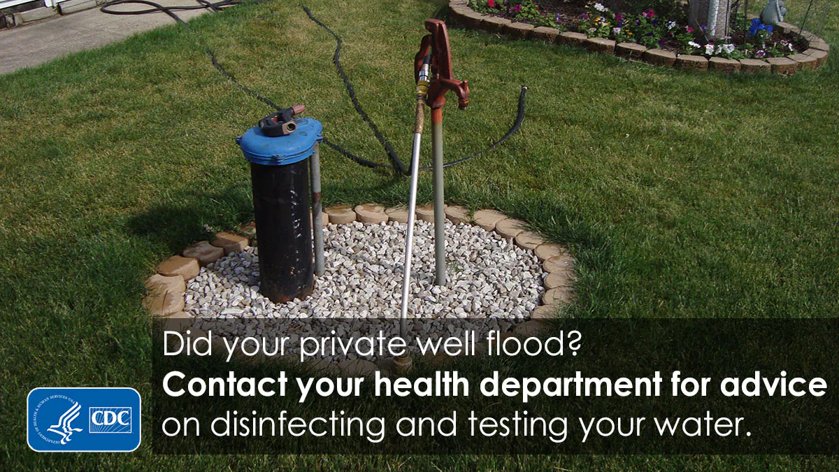 Private well flooding graphic 1200x675 – English Well head and spigot in a yard. Text on the graphic says, “Did your private well flood? Contact your health department for advice on disinfecting and testing your water.”